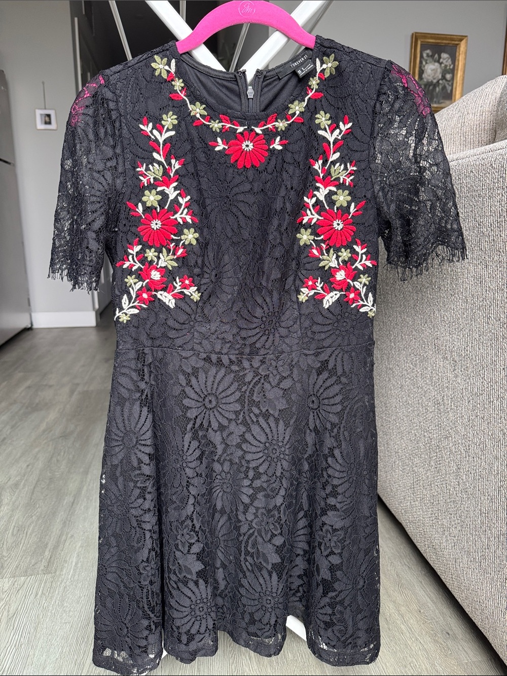 Black and floral embroidered lace short sleeve dress